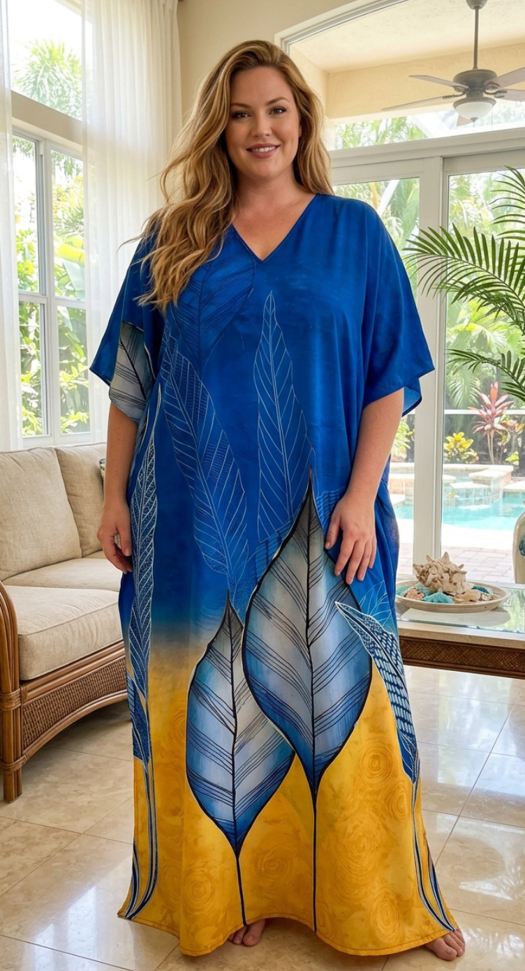 Blue Leaf Print Polyester Women Plus Size Kaftan Vacation Dress