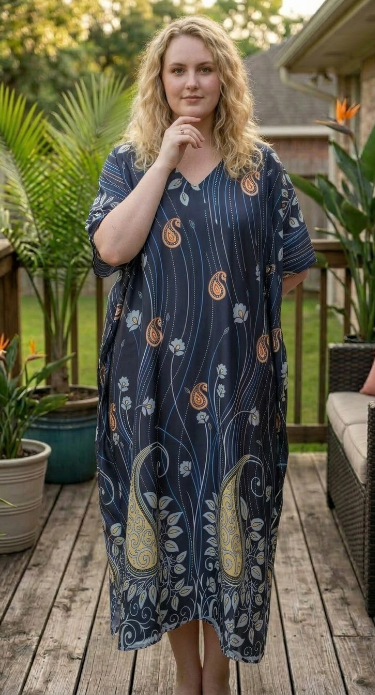 Deep Blue Paisley Polyester Women Plus Size Kaftan Holiday Dress
