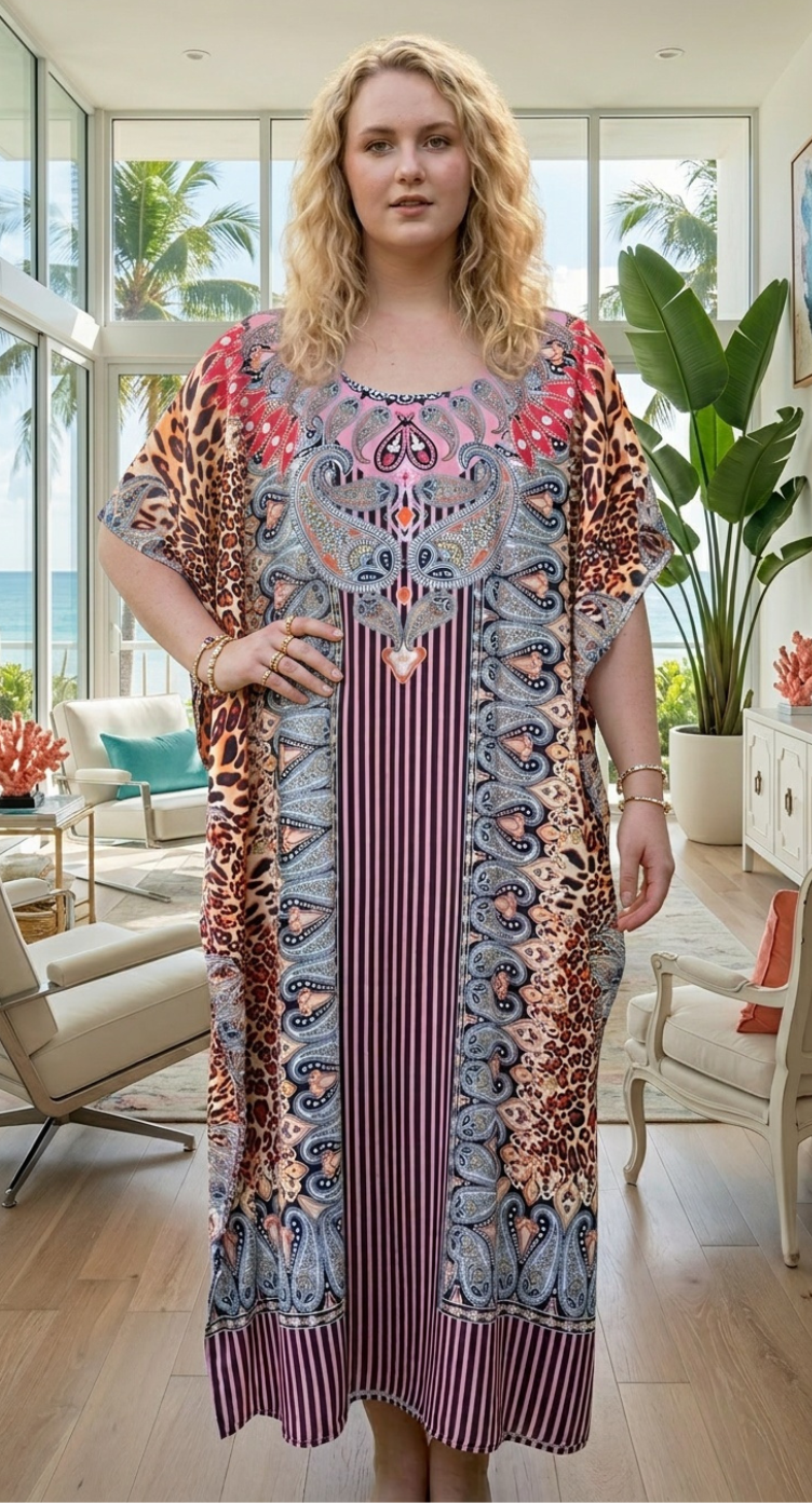 Wine Paisley Polyester Women Plus Size Kaftan Party Dress