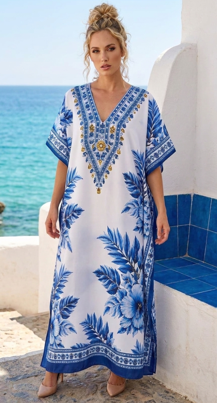 Royal Blue Tropical Polyester Plus Size Kaftan for Women 1X-3X | GypsieBlu