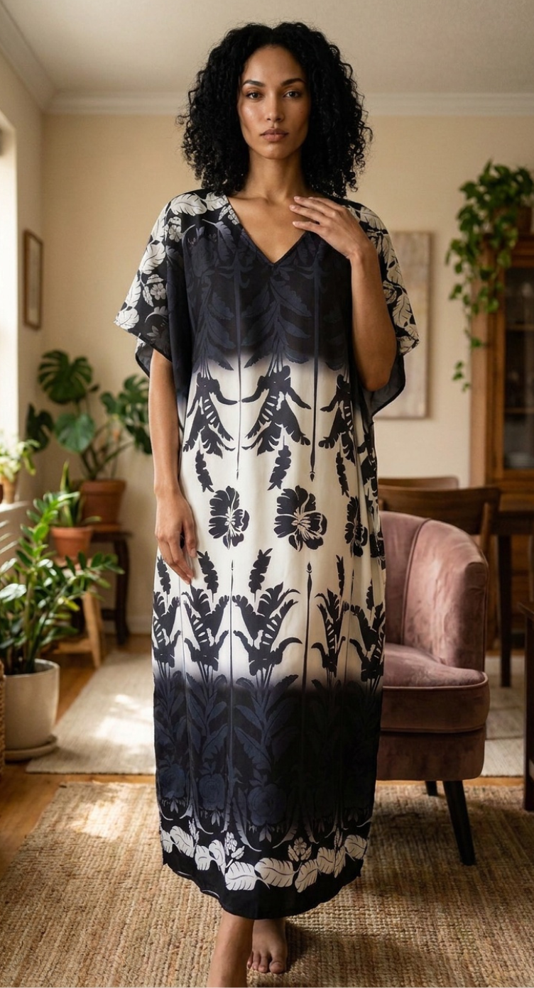 Black and Cream Floral Plus Size Kaftan for Women 1X-3X | GypsieBlu