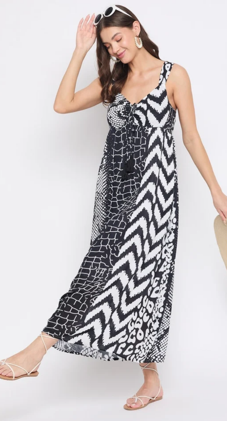 White & Black Geometric Rayon Maxi Dress for Women S-XL | GypsieBlu