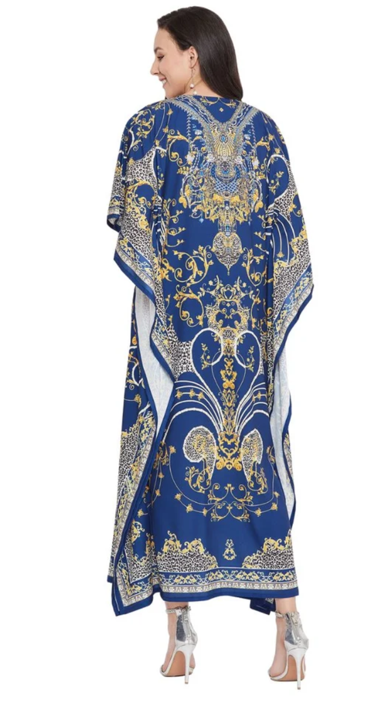 GypsieBlu Navy & Gold Polyester Plus Size Kaftan for Women Kimono Sleeve 1X-3X - Damask Medallion Print