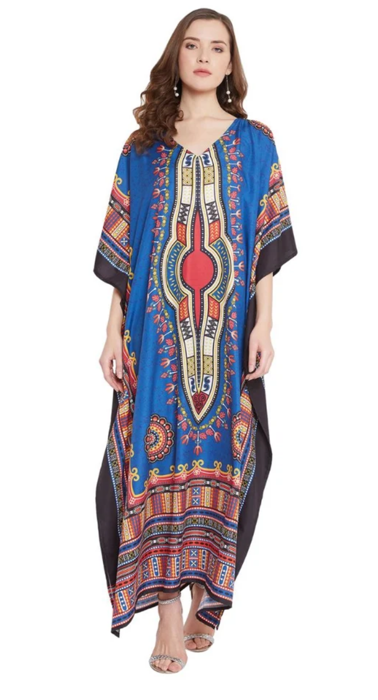 Blue Dashiki Medallion Polyester Plus Size Kaftan for Women 1X-3X | GypsieBlu