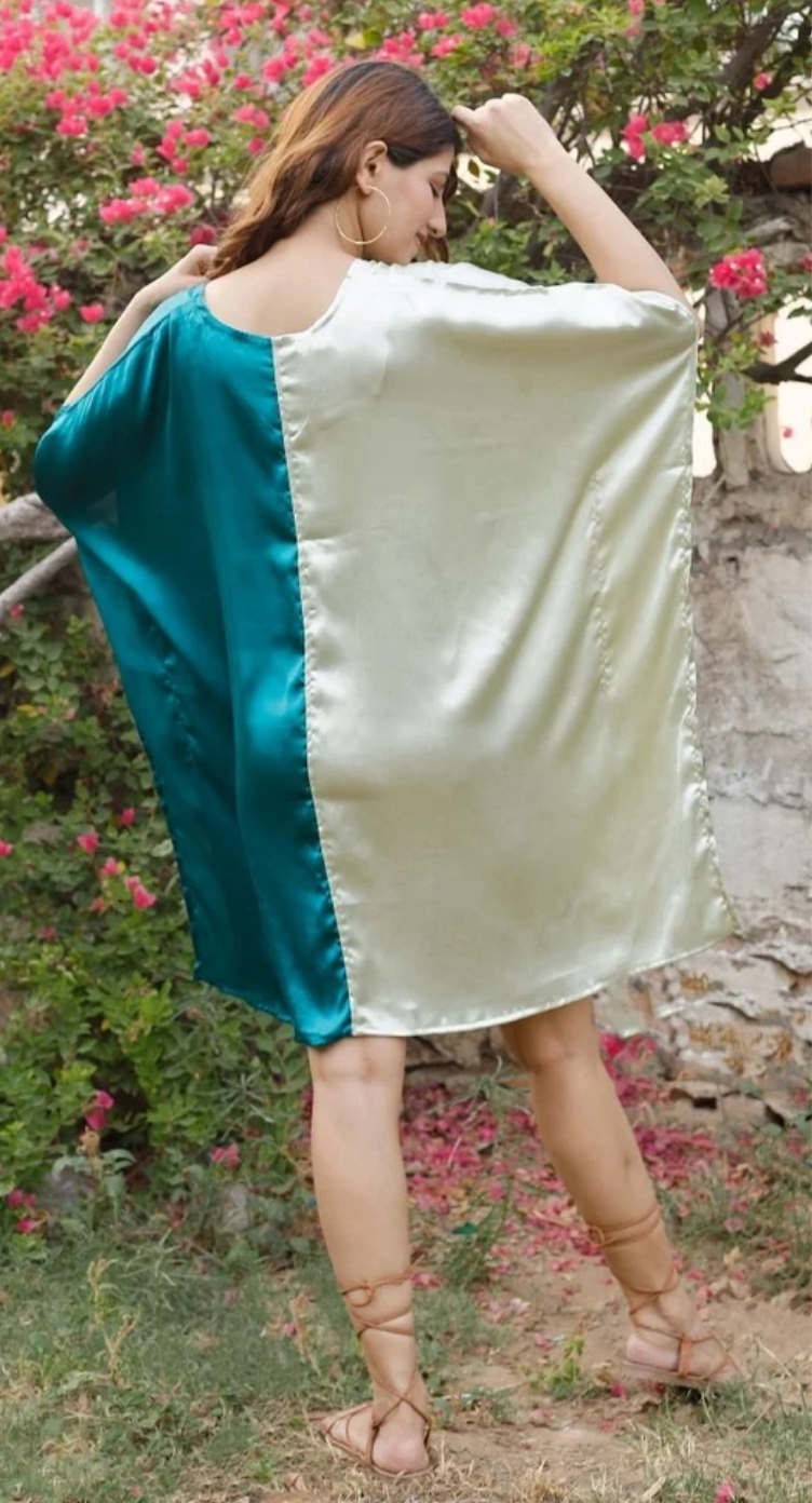 Ivory & Teal Colorblock Satin Plus Size Tunic for Women 1X-3X 3/4 Sleeve V Neck | GypsieBlu