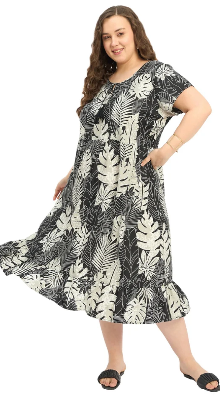 Gray Leaf Polyester Plus Size Midi Dress for Women 1X-3X | GypsieBlu
