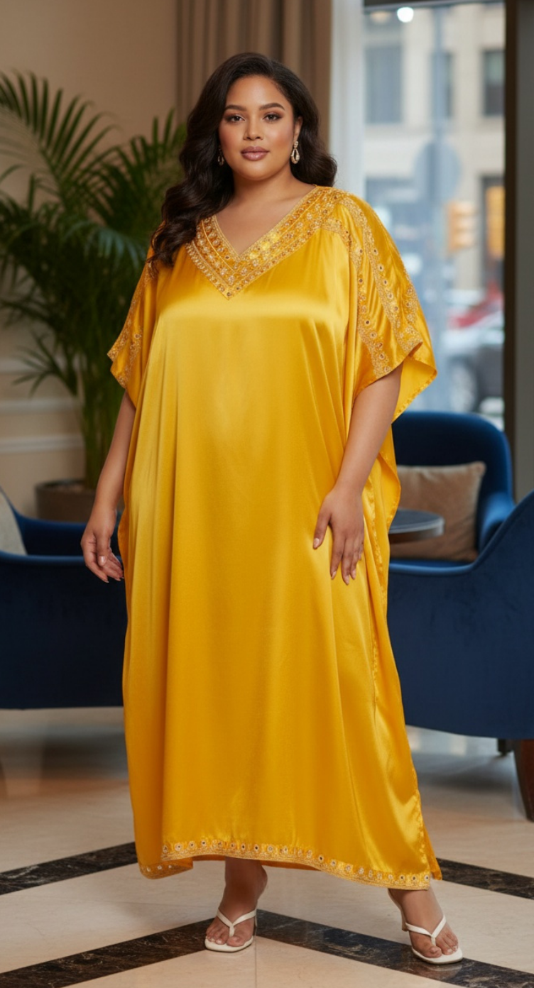 Yellow Satin Plus Size Embroidery Wedding Kaftan for Women