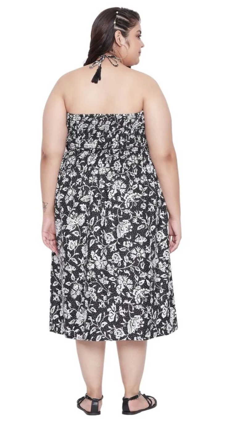 Black & White Floral Polyester Plus Size Tube Dress for Women 1X-3X | GypsieBlu