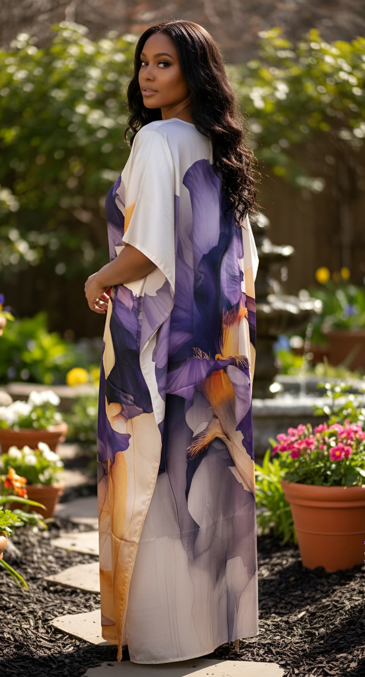 Floral Print Lavender Plus Size Resort wear Kaftan Dress for Women