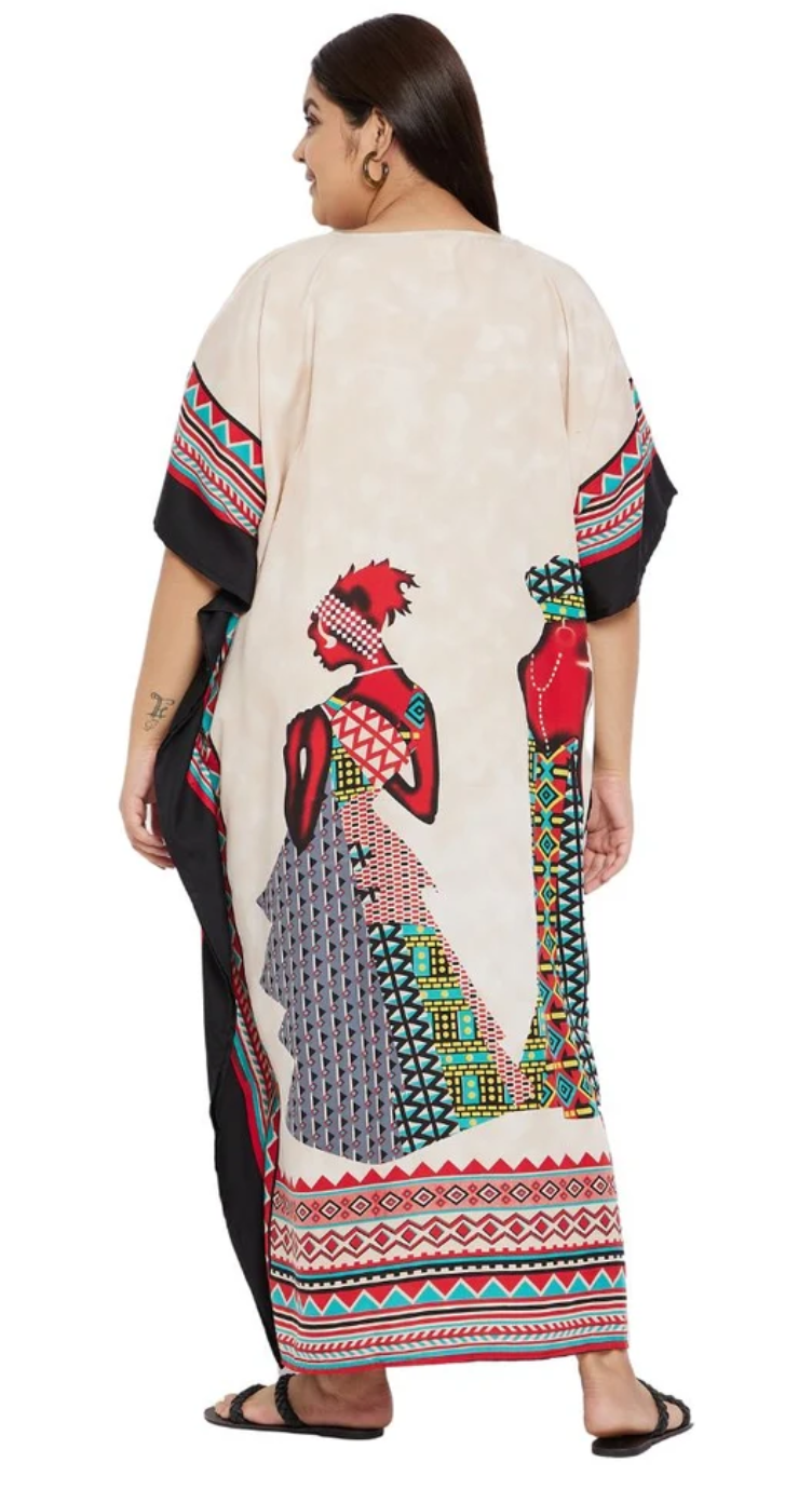 Beige Tribal Geometric Mountain Polyester Plus Size Kaftan for Women 1X-3X | GypsieBlu