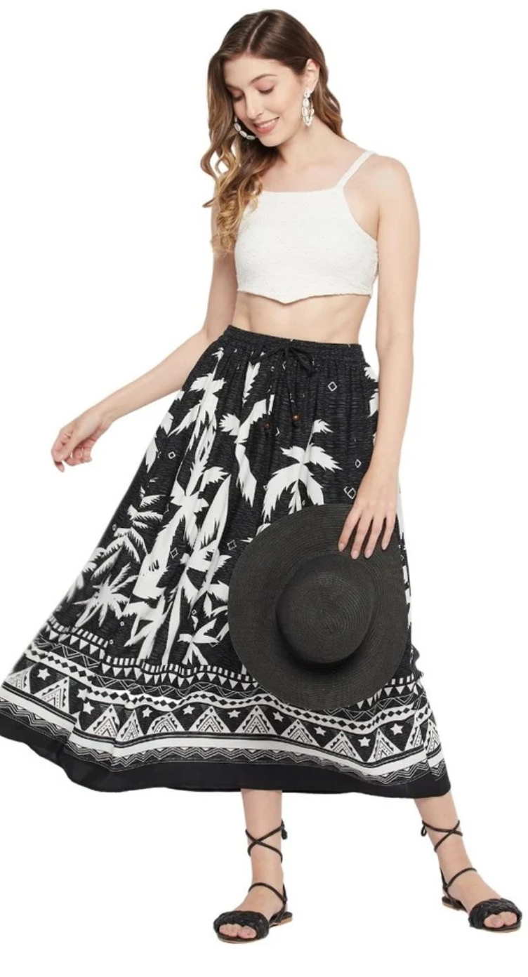 Black Tropical Palm Rayon Skirt for Women S-XL | GypsieBlu