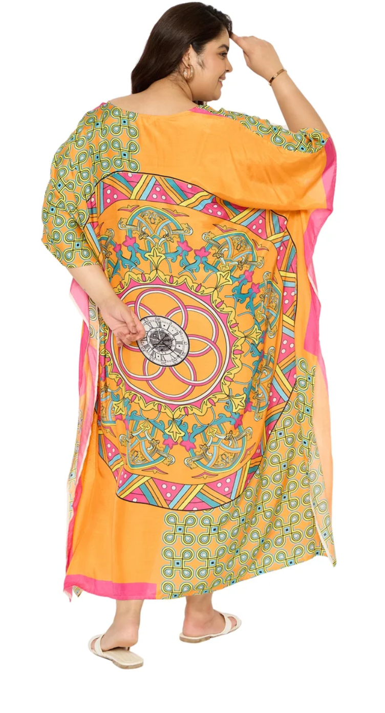 Orange Bold Mandala Polyester Plus Size Kaftan for Women 1X-3X | GypsieBlu