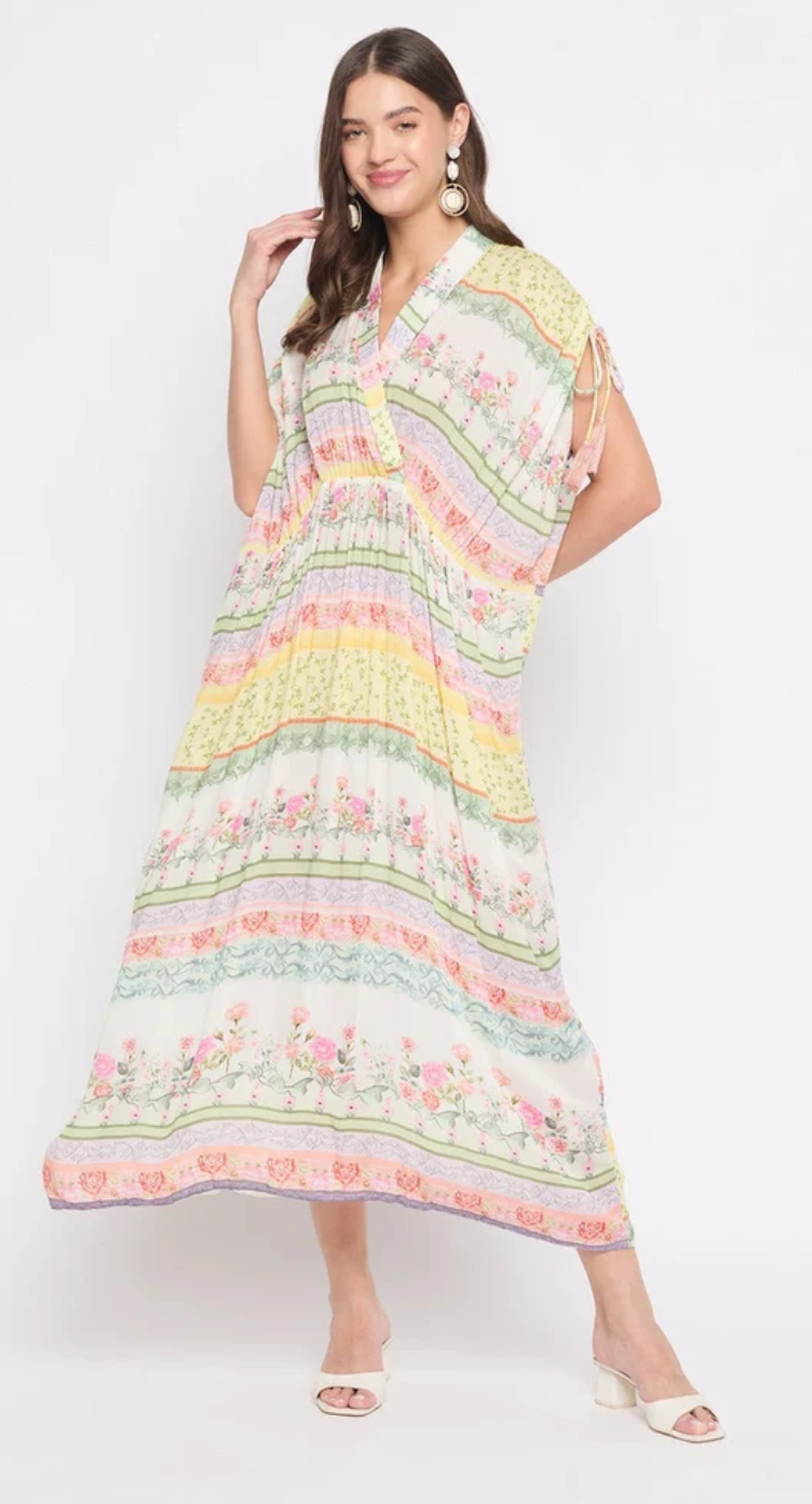 White Pastel Floral Rayon Kaftan for Women S-XL | GypsieBlu
