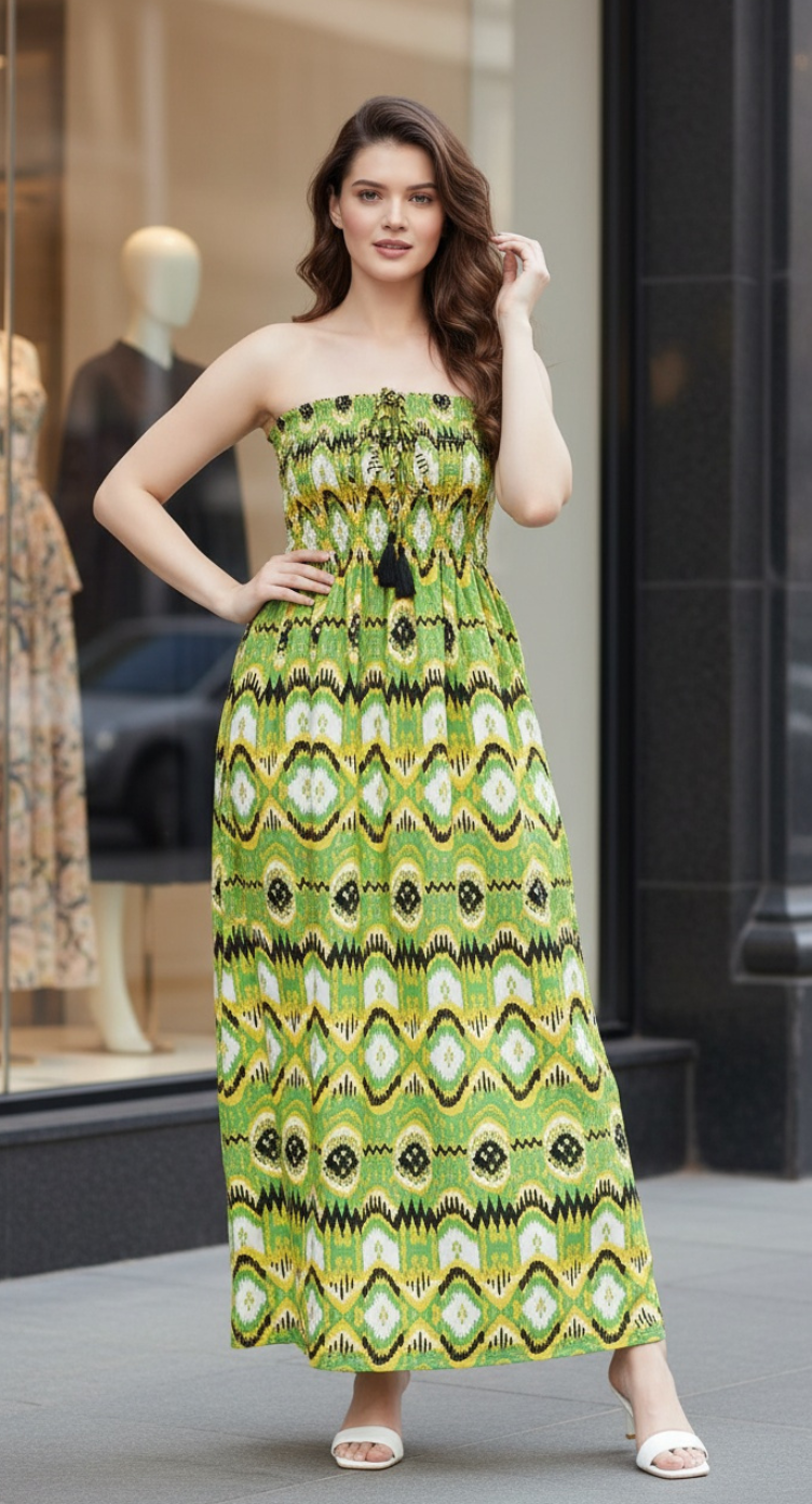 Geometric Printed Light Green Plus Size Strapless Dress for Women