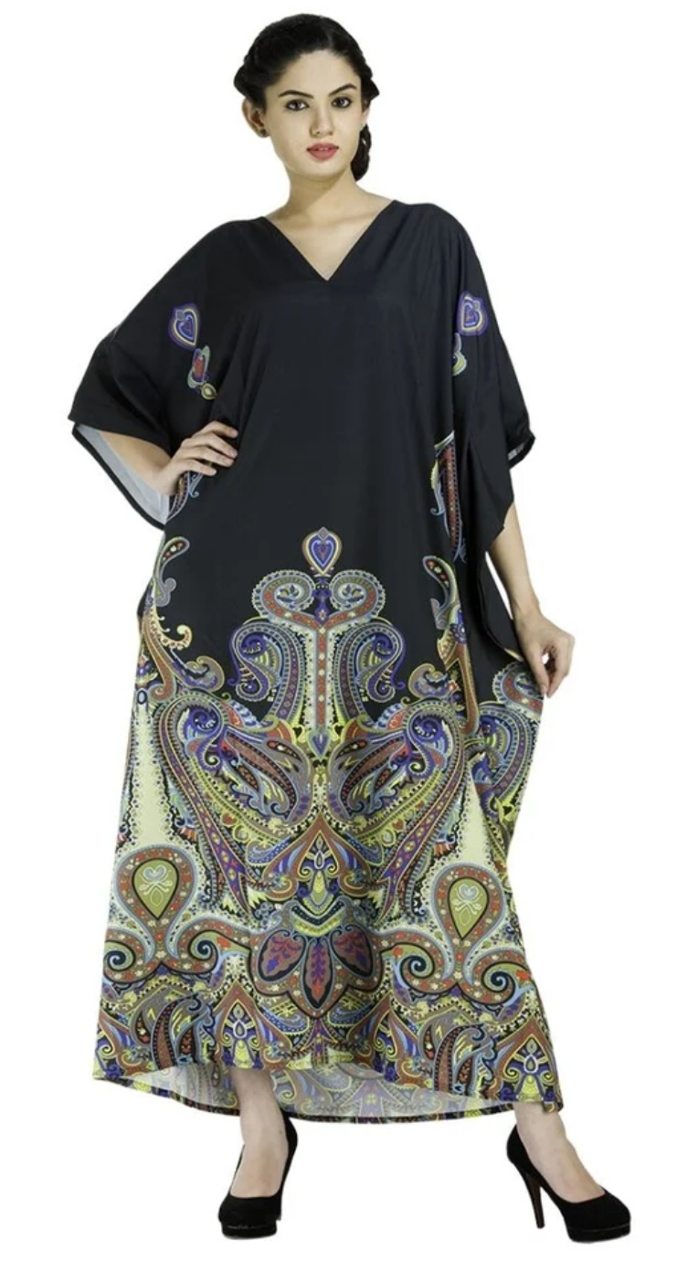 Black Border Paisley Damask Polyester Plus Size Kaftan for Women 1X-3X V Neck | GypsieBlu