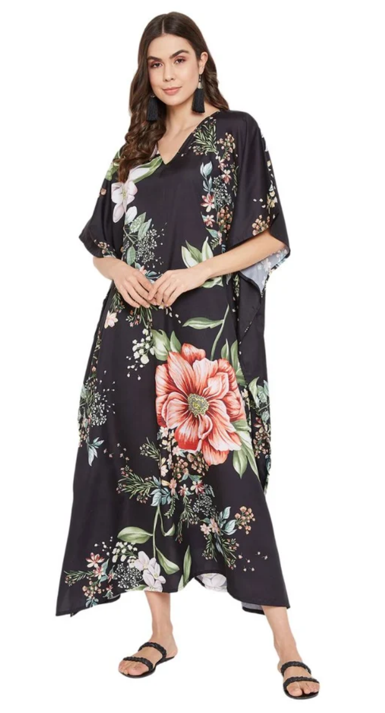 Black Peony Floral Polyester Plus Size Kaftan for Women 1X-3X | GypsieBlu