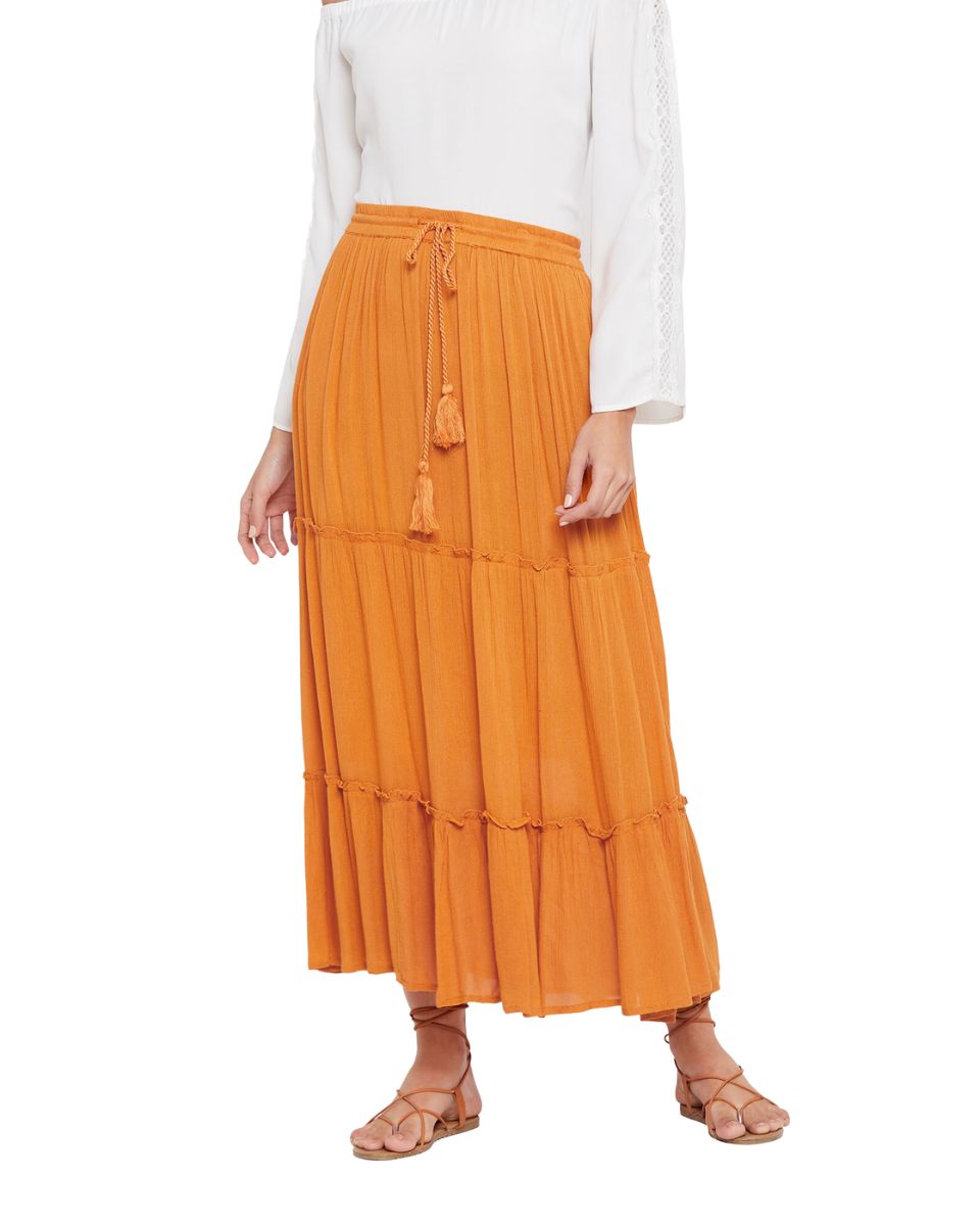 Gold Elastic Drawstring High Waist Midi Skirt For Women