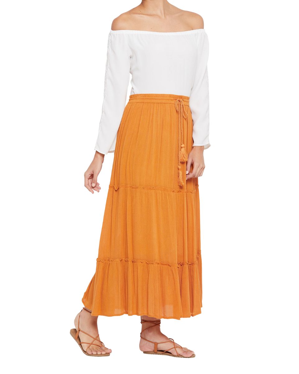 Gold Elastic Drawstring High Waist Midi Skirt For Women