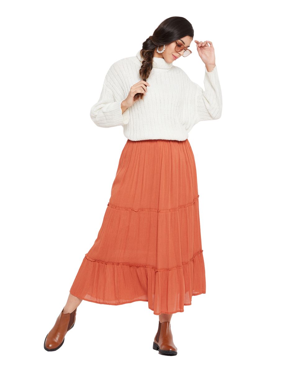 Elastic Drawstring Rust Midi Skirt A Line Casual High Waist Skirt