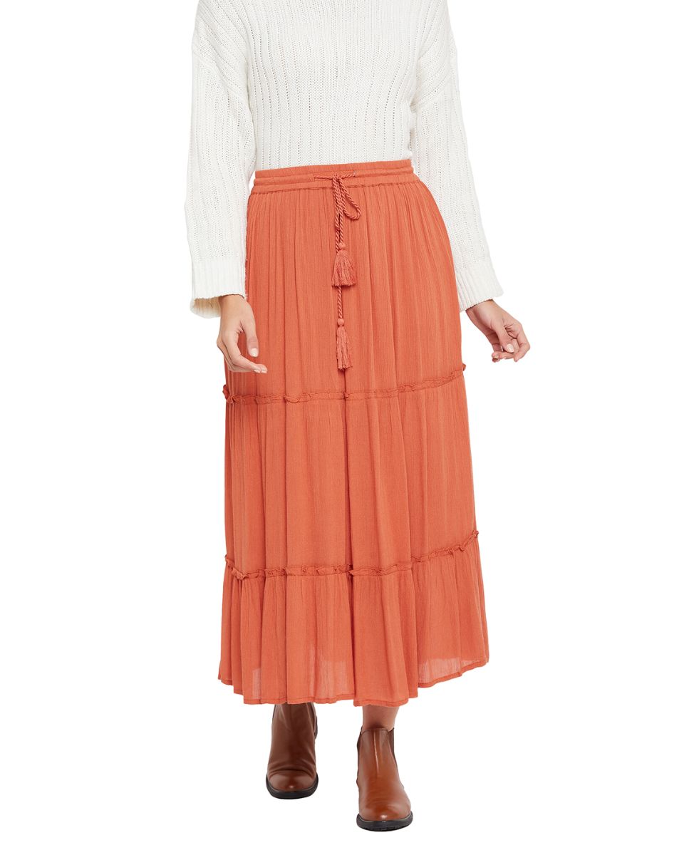 Elastic Drawstring Rust Midi Skirt A Line Casual High Waist Skirt