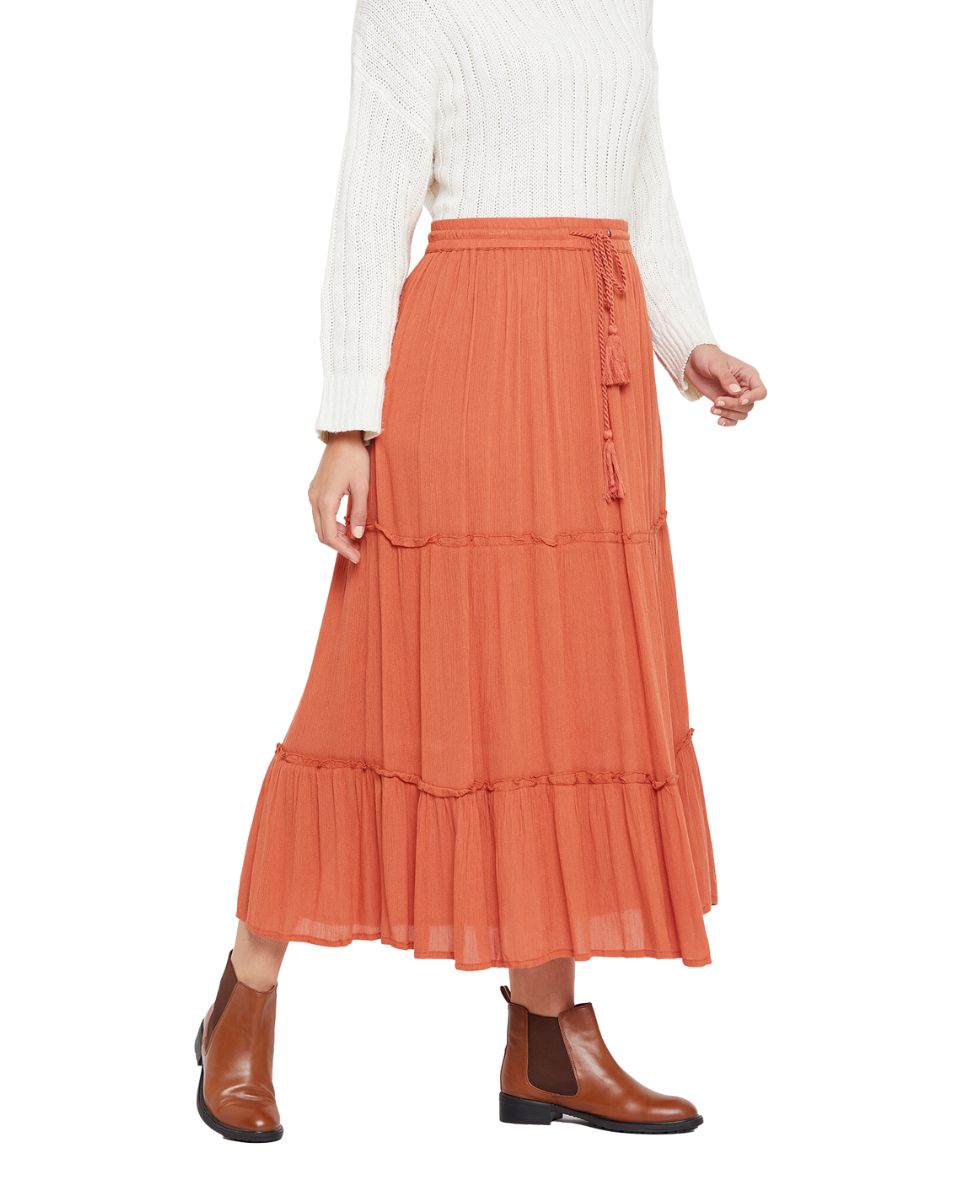 Elastic Drawstring Rust Midi Skirt A Line Casual High Waist Skirt