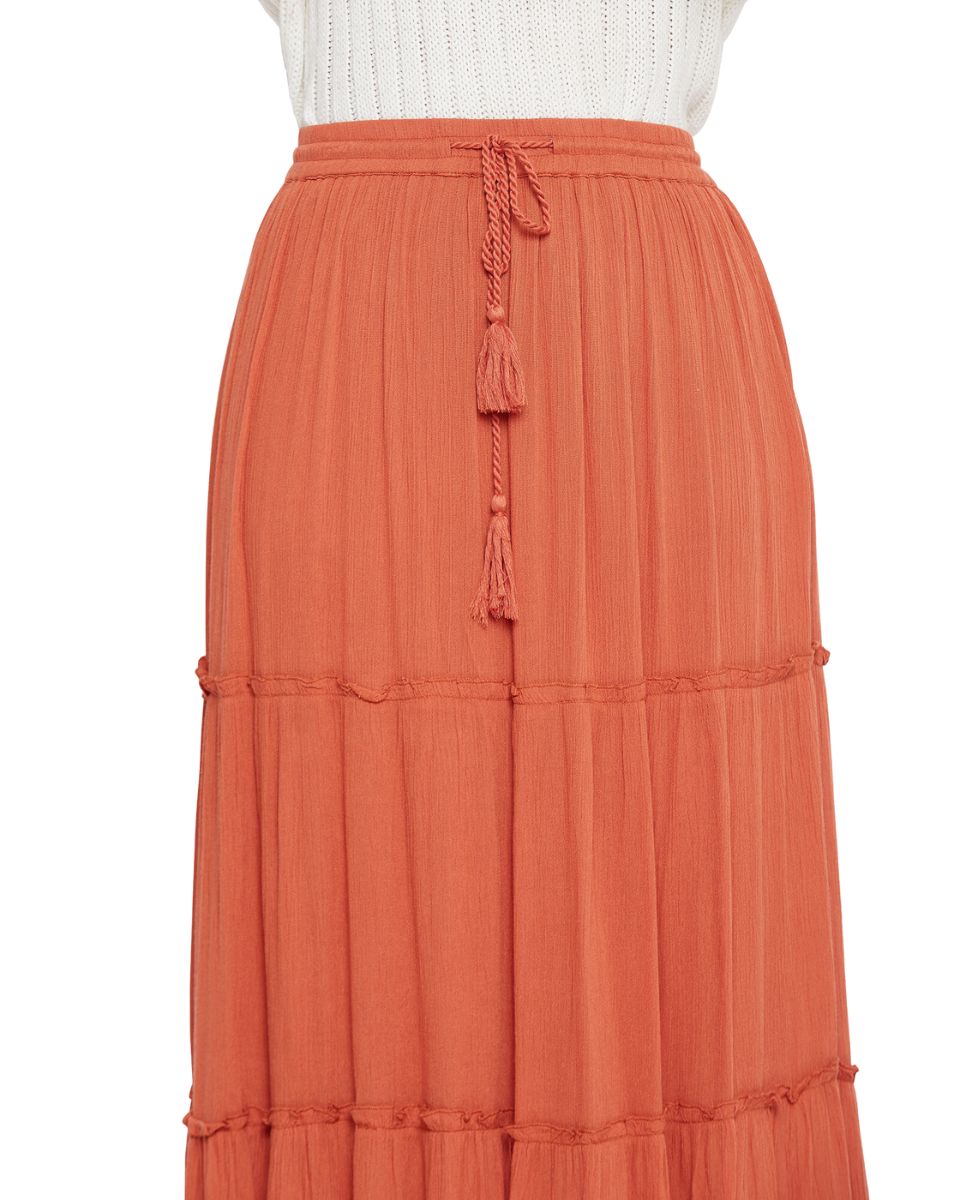 Elastic Drawstring Rust Midi Skirt A Line Casual High Waist Skirt