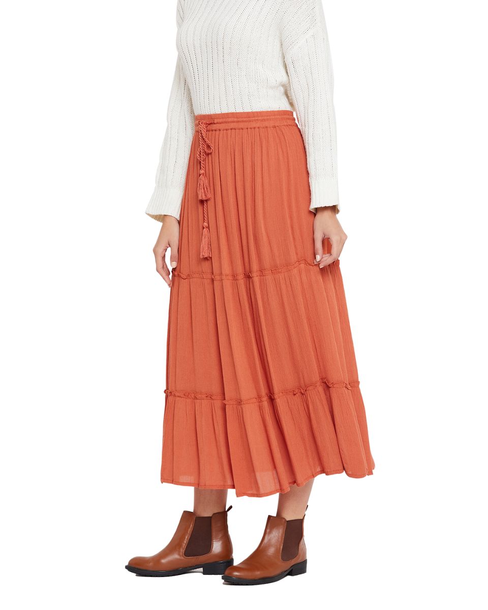 Elastic Drawstring Rust Midi Skirt A Line Casual High Waist Skirt