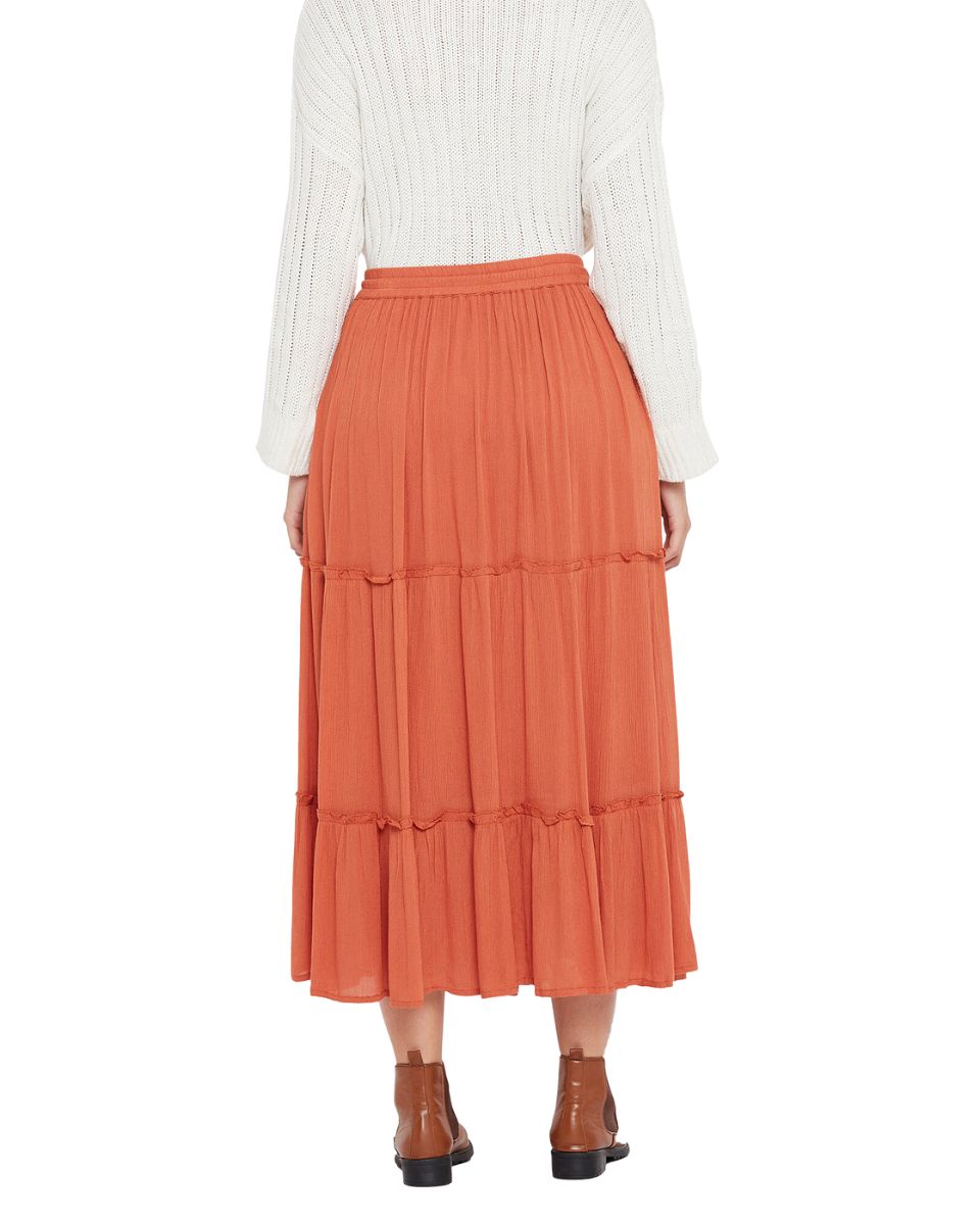 Elastic Drawstring Rust Midi Skirt A Line Casual High Waist Skirt