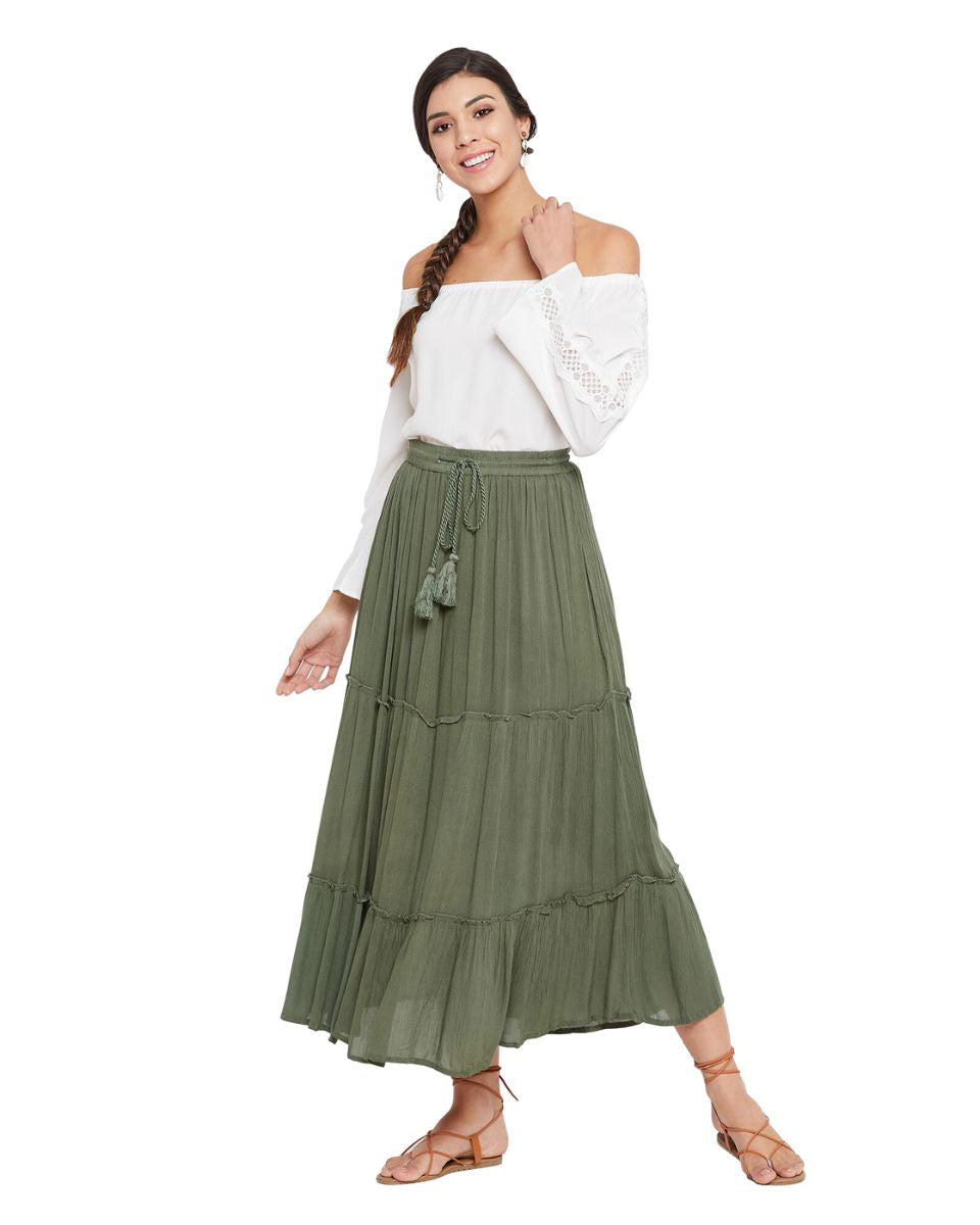 Olive Elastic Drawstring Midi Skirt A Line Casual High Waist Skirt