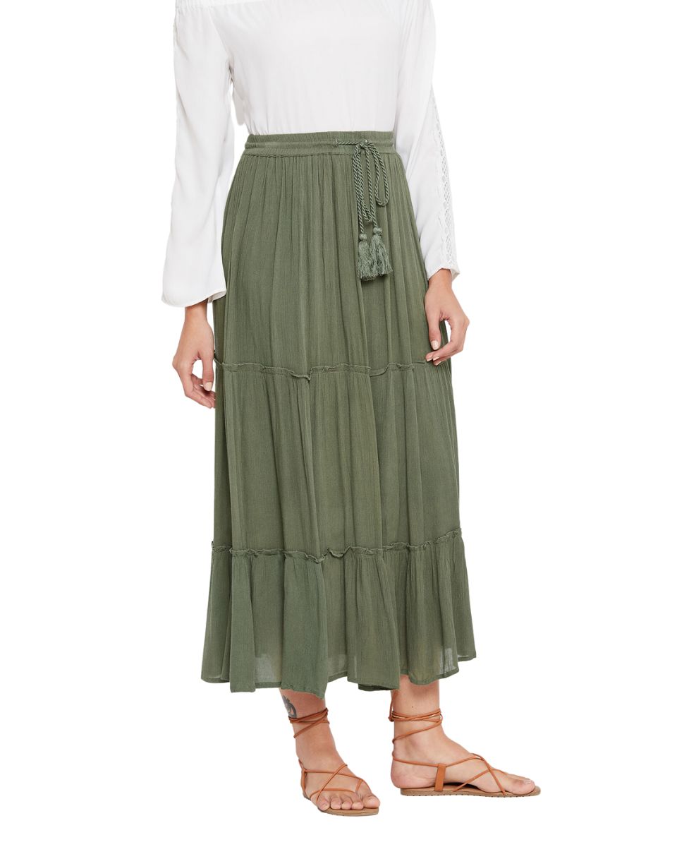 Olive Elastic Drawstring Midi Skirt A Line Casual High Waist Skirt