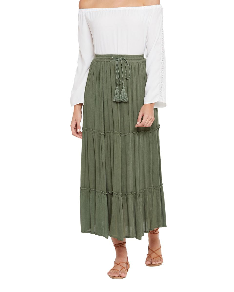 Olive Elastic Drawstring Midi Skirt A Line Casual High Waist Skirt