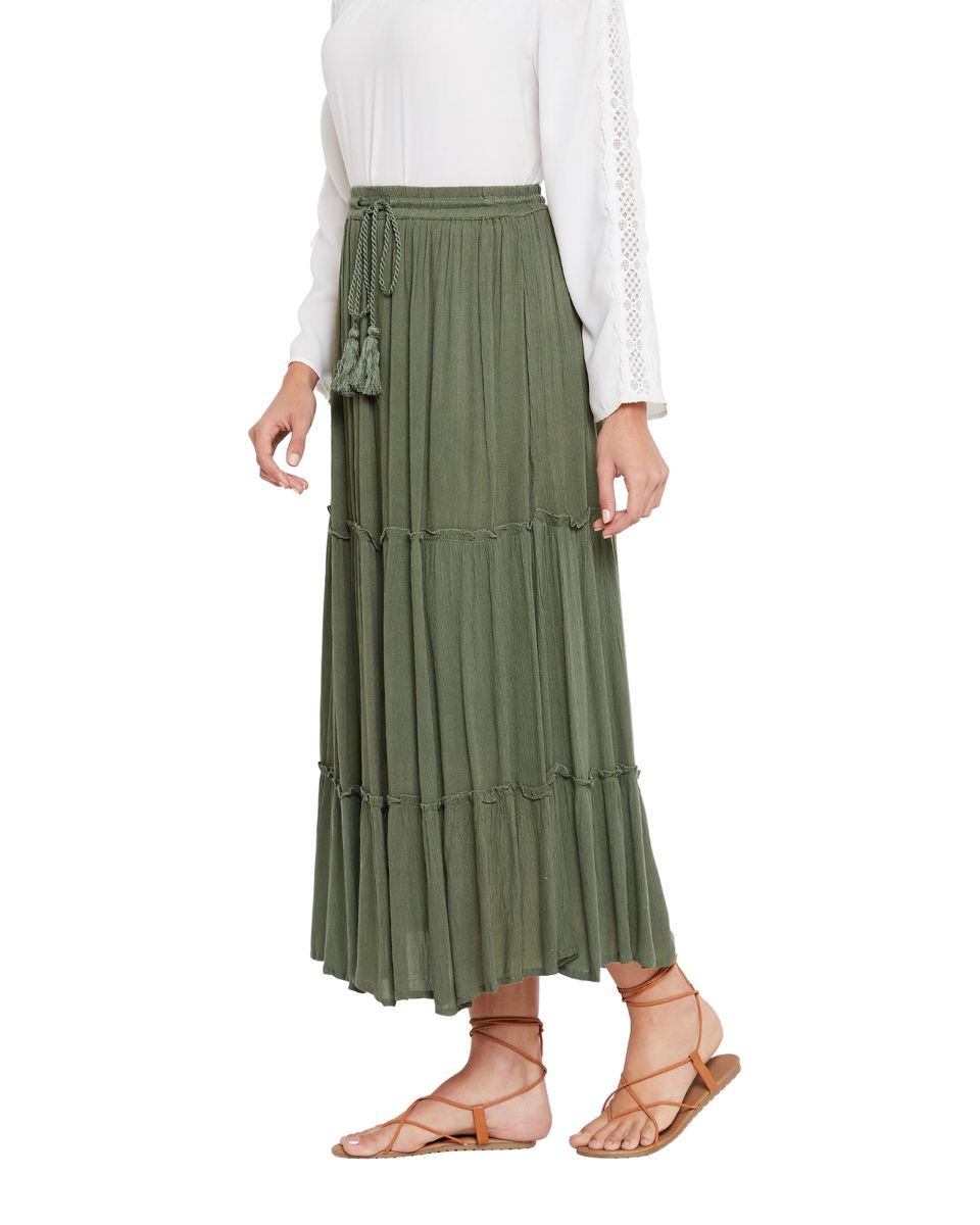 Olive Elastic Drawstring Midi Skirt A Line Casual High Waist Skirt