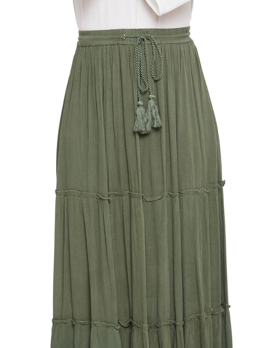 Olive Elastic Drawstring Midi Skirt A Line Casual High Waist Skirt