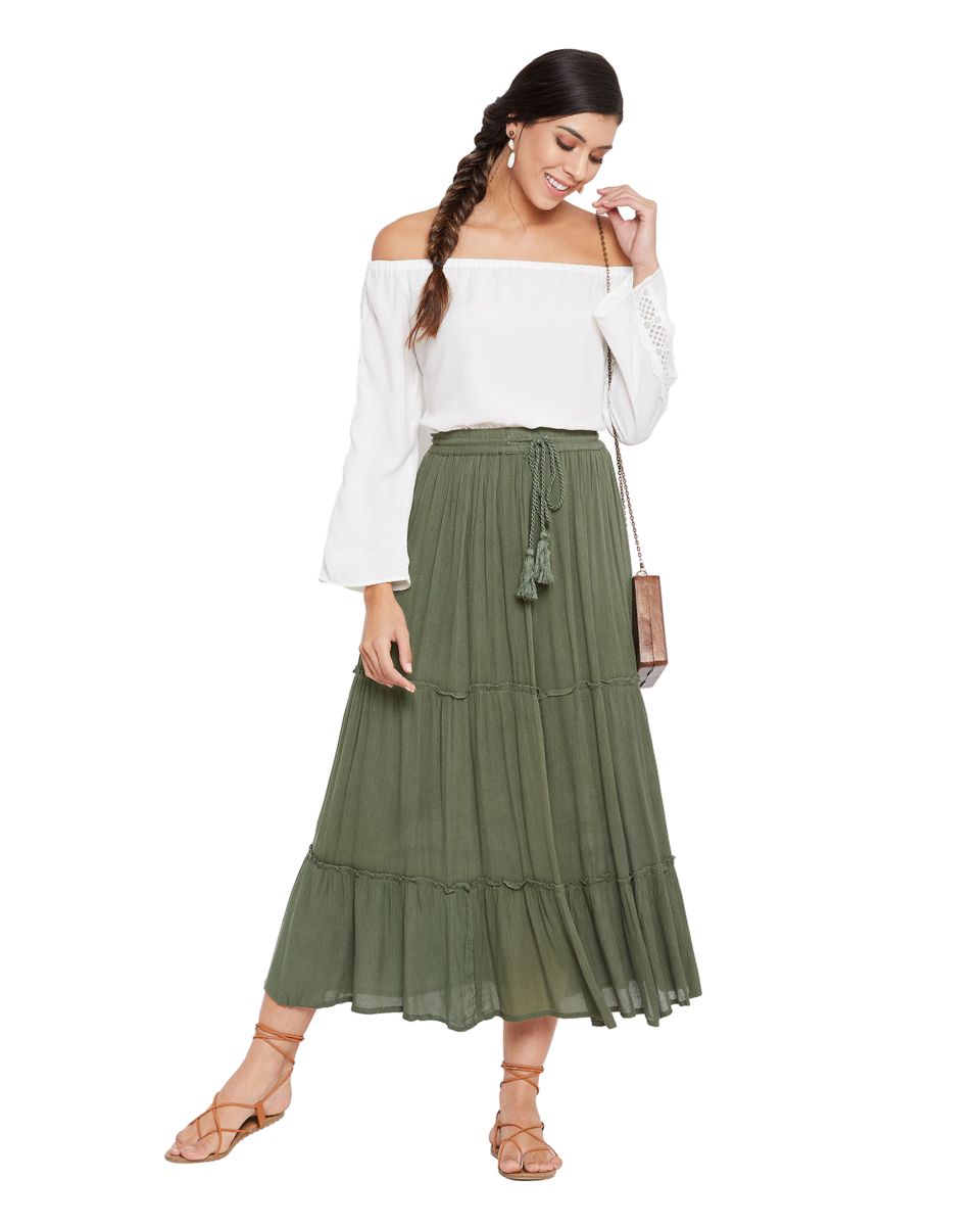 Olive Elastic Drawstring Midi Skirt A Line Casual High Waist Skirt