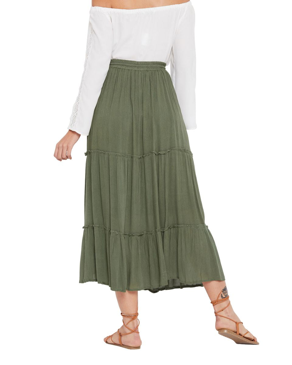 Olive Elastic Drawstring Midi Skirt A Line Casual High Waist Skirt