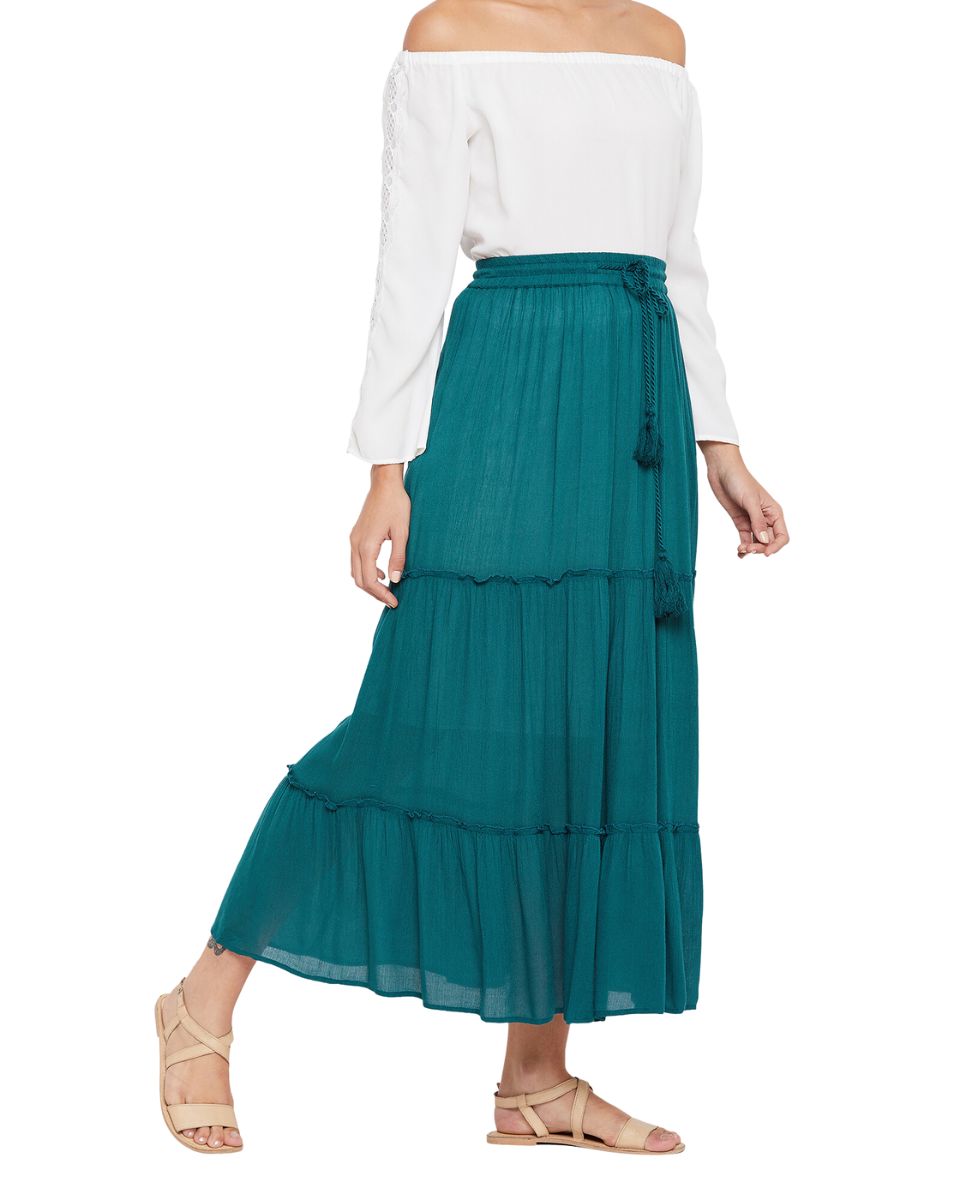 A Line Casual High Waist Teal Elastic Drawstring Midi Skirt For Women