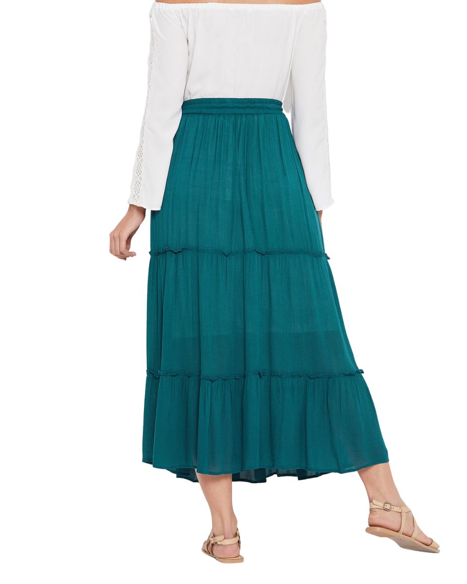 A Line Casual High Waist Teal Elastic Drawstring Midi Skirt For Women