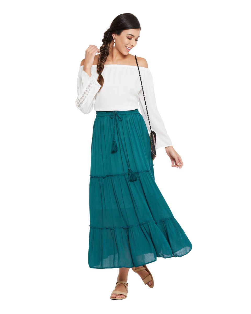 A Line Casual High Waist Teal Elastic Drawstring Midi Skirt For Women