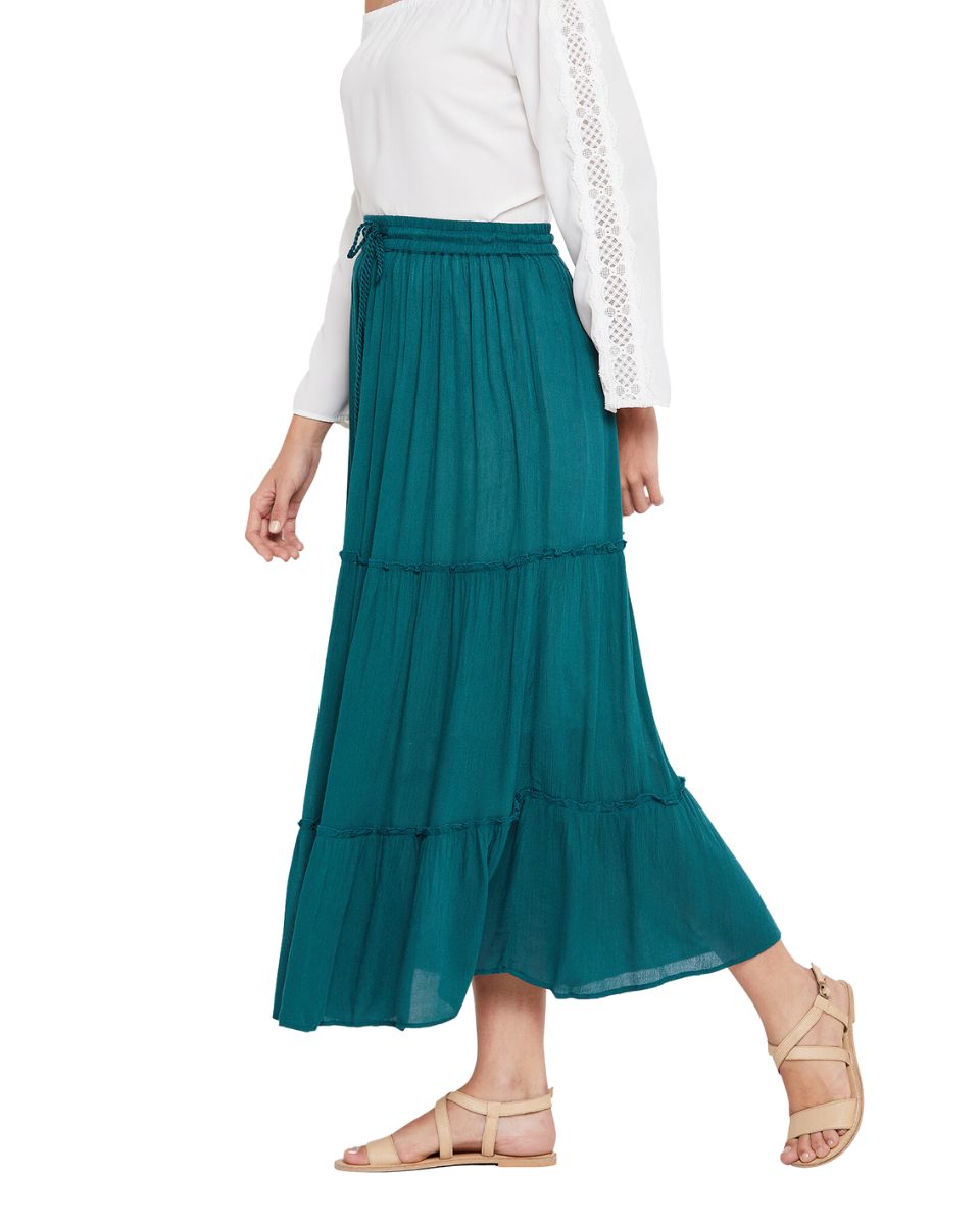 A Line Casual High Waist Teal Elastic Drawstring Midi Skirt For Women