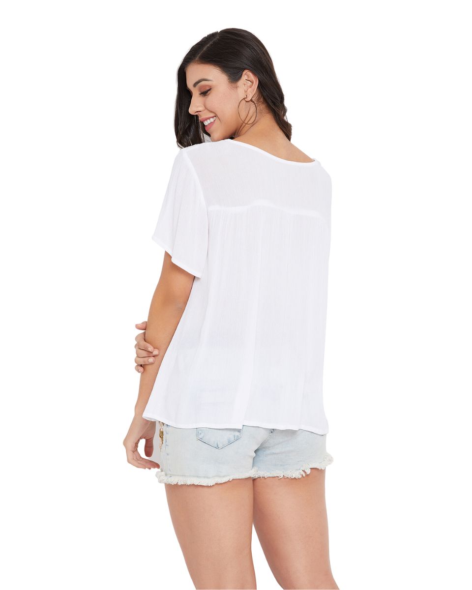 Round Neck Half Sleeve Summer White Rayon Tops For Women