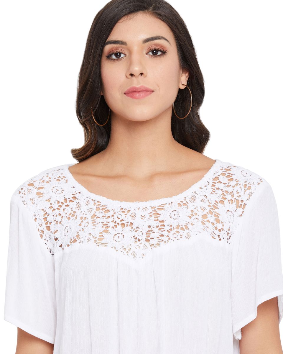 Round Neck Half Sleeve Summer White Rayon Tops For Women