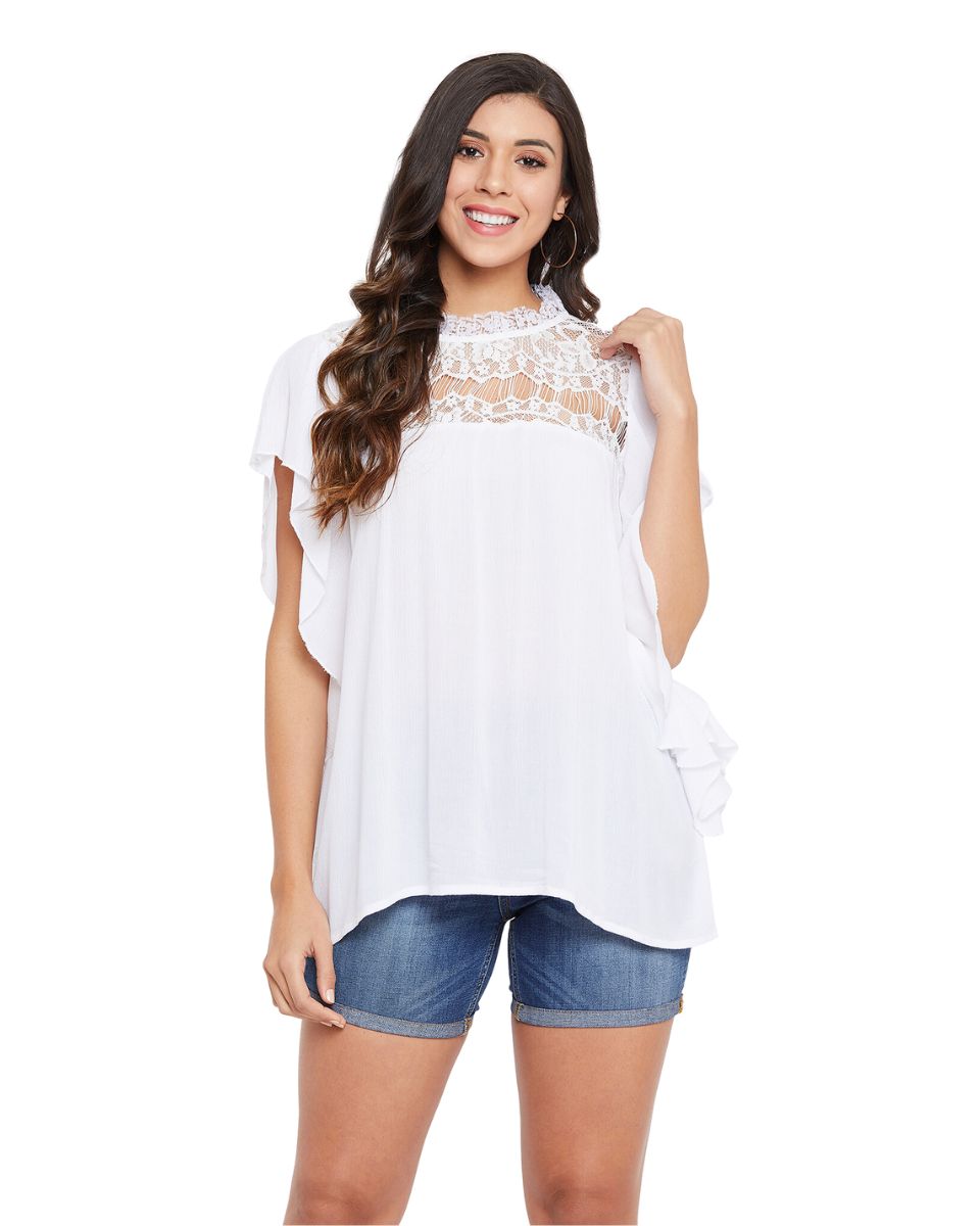 White Cap Sleeve Ruffle Fringe Tops Dress For Women