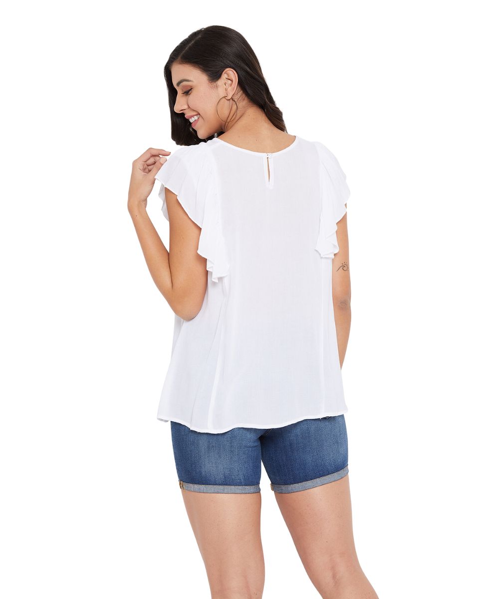 Party Wear Cap Sleeve White Rayon Top For Women