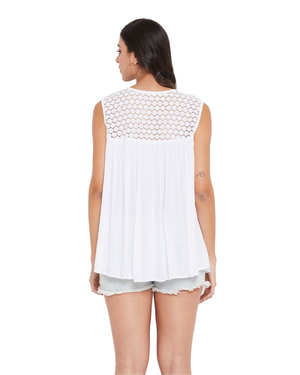 Casual White Sleeveless Drawstring Summer Rayon Tops For Women