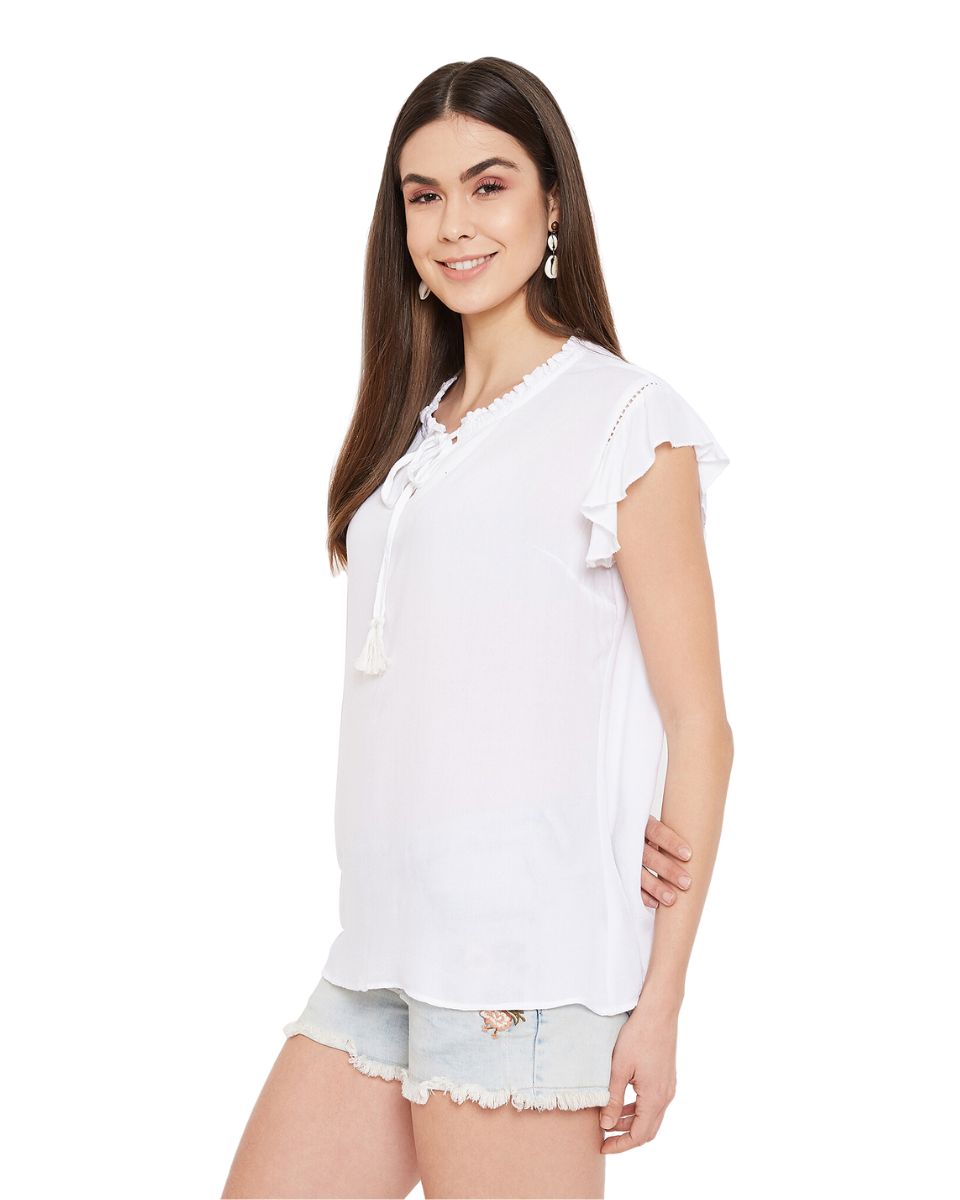 White Fabric Rayon Cap Sleeve Casual Tops For Women