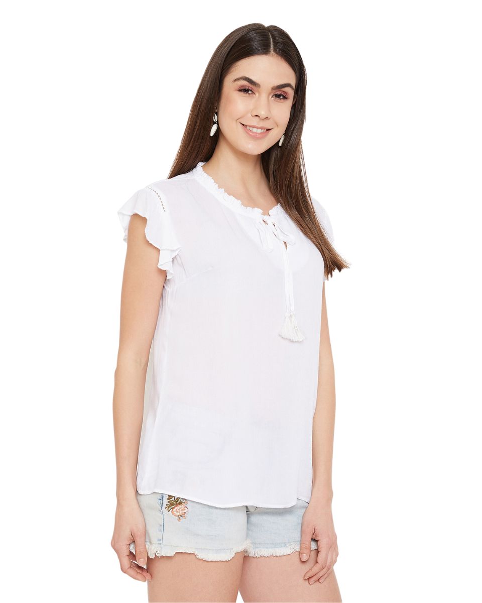 White Fabric Rayon Cap Sleeve Casual Tops For Women