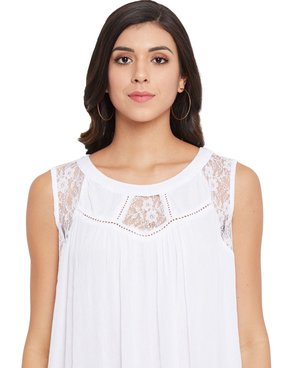 White Round Neck Sleeveless Mini Rayon Tops For Women