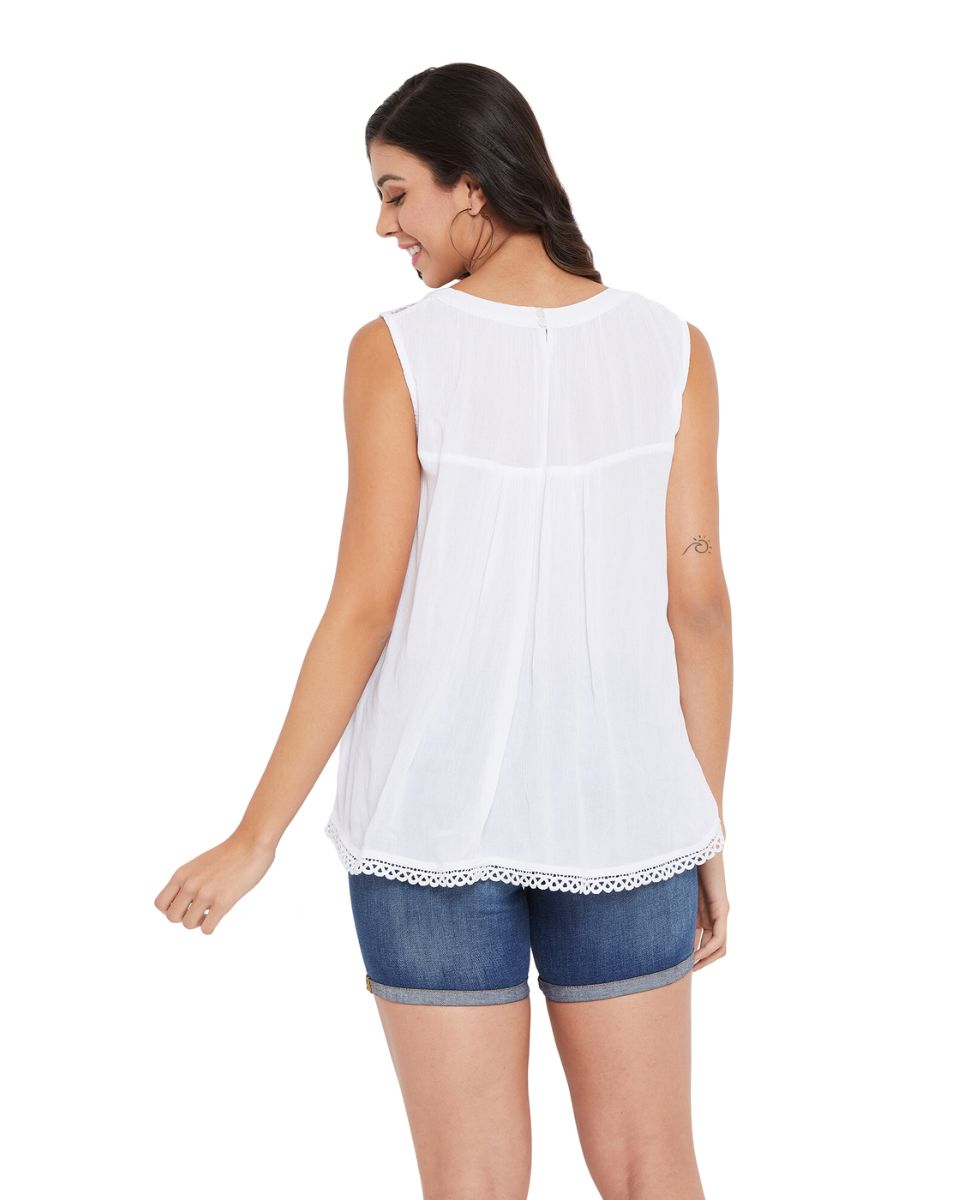 White Round Neck Sleeveless Mini Rayon Tops For Women