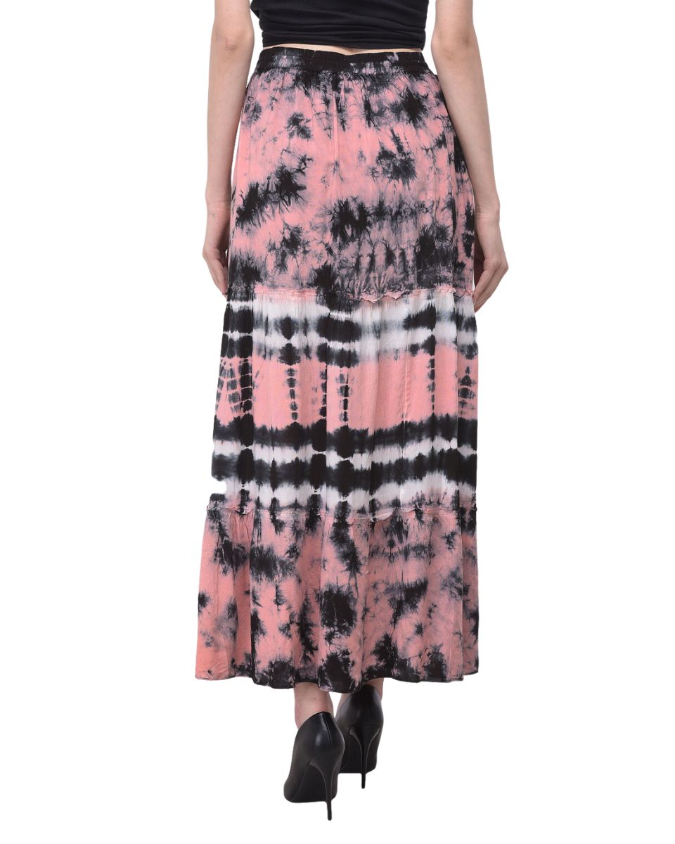 Rayon Stripped Tie Dye Elastic Waist Peach Skirt For Women