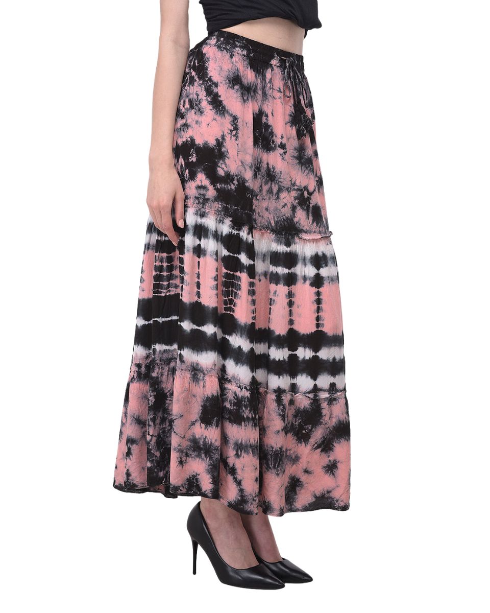 Rayon Stripped Tie Dye Elastic Waist Peach Skirt For Women